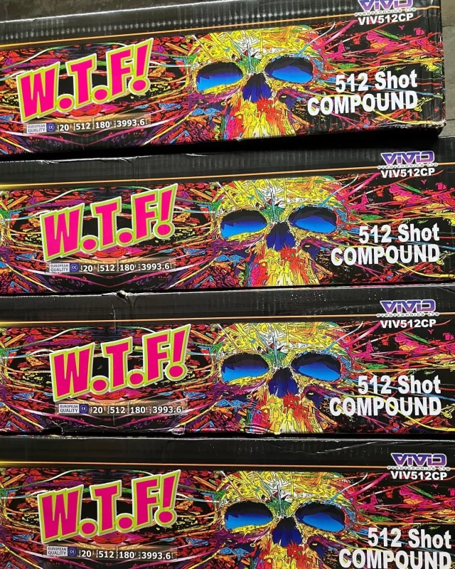We are now selling our amazing displays-in-a-box ! 😱💥
The all new, all exciting and ONLY available from us.....announcing W.T.F ! 
512 vertical firing shots of fantastic fun ! This is what firework dreams are made of ! Bring this to a party and watch the crowd go " WTF is that !? "  Amazing intense colours and effects, it's the go to big party piece for 2023.